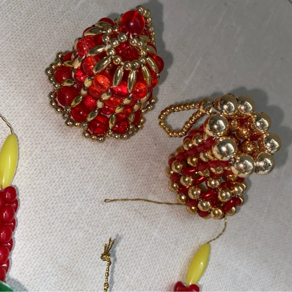 Vintage Handmade‎ Beaded Christmas Ornaments Bell Stocking Candlesticks 5 Pc Lot